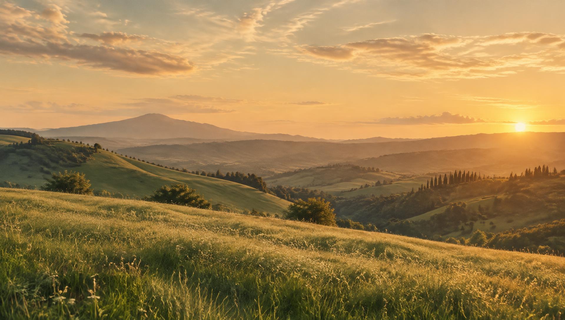 Green hills at sunset